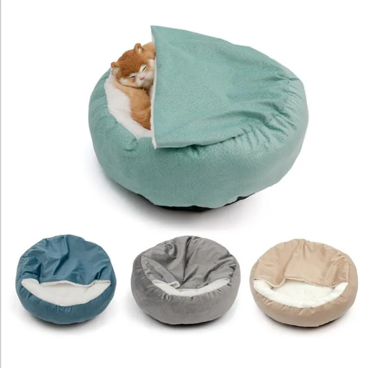 Cave Ultrasoft Plüsch-Katzenbett mit Kapuze, rund, bequem, selbstwärmend, gemütlich schlafendes Katzenbett mit wasserdichter und rutschfester Unterseite für Kätzchen, Welpen, kleine Haustiere