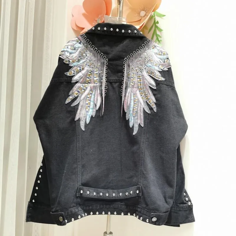 Kvinnors Jackor Black Wing Broderad Denim Jacka 2021 Tidig vår Koreansk version av Loose-Fitting Lussel Nail Design