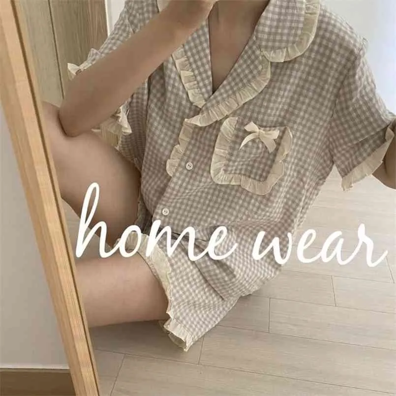 Koreaanse pyjama voor vrouwen zomerloungewear nachtkleding sets meisjes zoete plaid revers pyjama kawaii ruche pijama japanse huis pak 210809