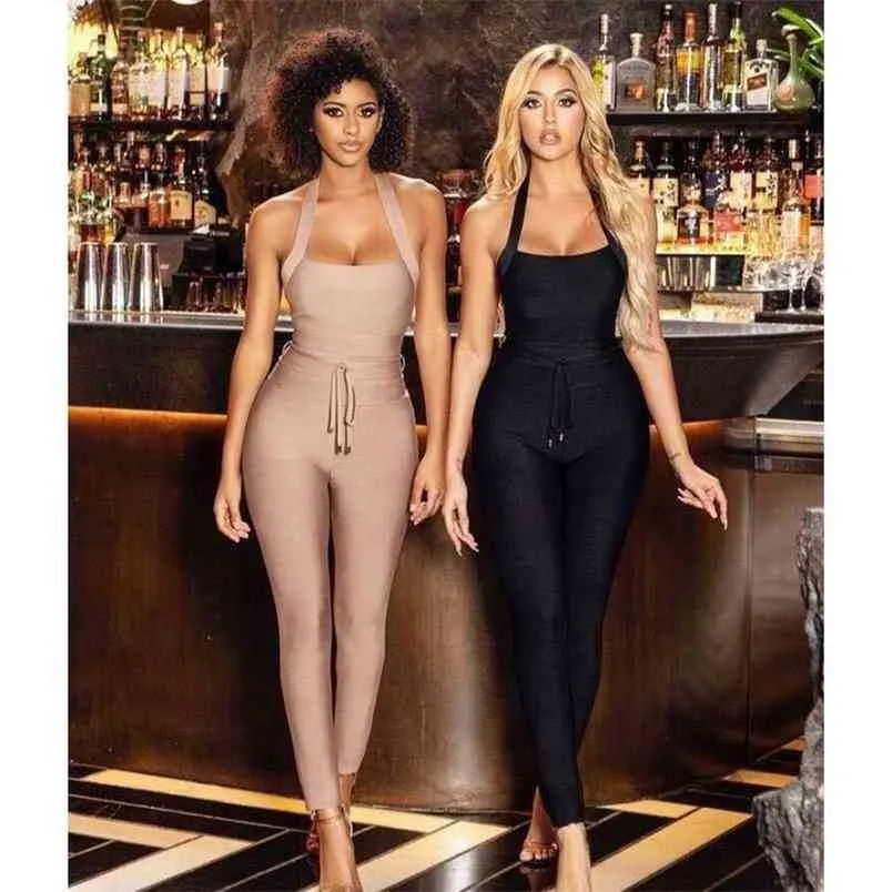 High Quality Nude Black Suspender Bandage Jumpsuit Rayon Elegant Celebrity Woman Party Wear Retro Tights 210525