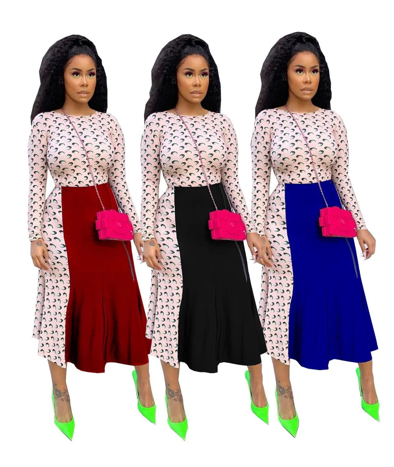 Partihandel 2 Piece Set Kvinnor Arbetskläder Satser Långärmad Top + Bodycon Kjolar Sexig Office Ladies Elegant Plus Storlek Outfit 210525