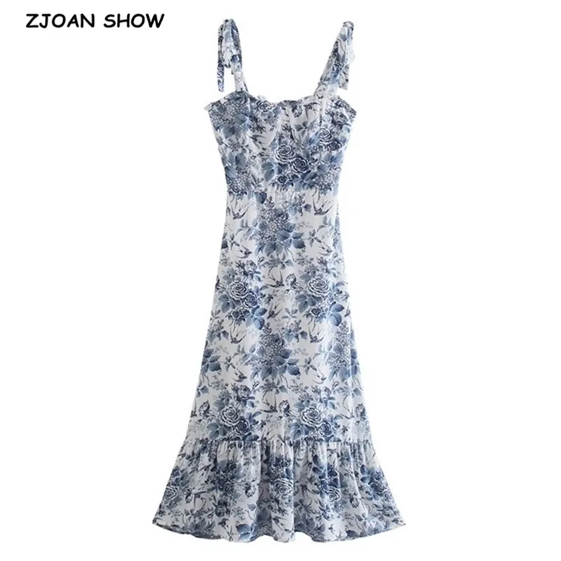 Zomer vintage Franse stijl blauw wit bloemen vrouwen jurk splitsen ruches zoom stropdas boog riem mouwloze sexy strand vakantie 210429