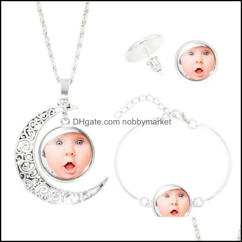 Personalized Custom Made Photo Medallions jewelry Set Glass Cabochon Pendant Moon necklace stud Dangle Earrings Bracelet Bangle Fashion