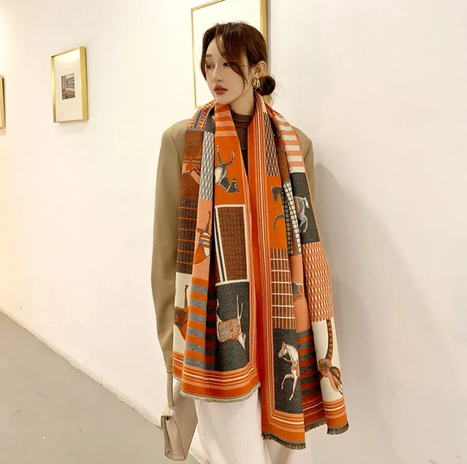 2020 Luxury Cashmere Scarf Women Winter Warm Shawls and Wraps Design Horse Print Bufanda Thick Blanket Scarves