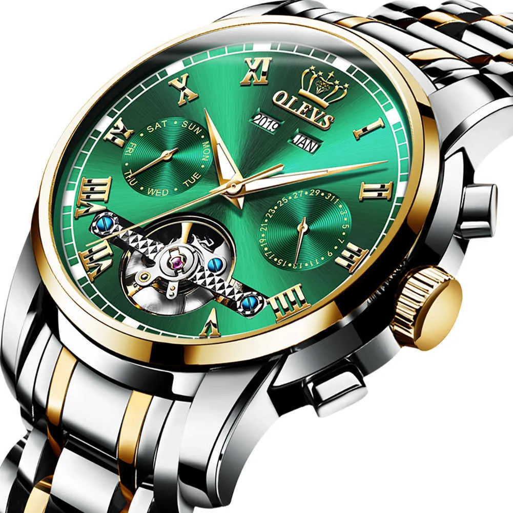 OLEVS Men's Automatic Mechanical Watch Waterproof Business Stainless Steel Strap Watch Skeleton Mechanical Watch Q0902