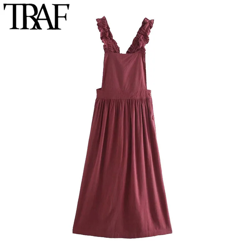 TRAF Women Fashion With Ruffled Straps Midi Pinafore Skirt Vintage Backless Cross Side Buttons Female Skirts Mujer 210415