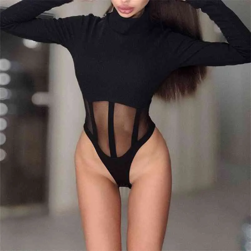 Omsj sexig svart turtleneck stickad patchwork mesh skinny bodysuit höst långärmad clubwear outfits kvinnliga streetwear onesies 210517