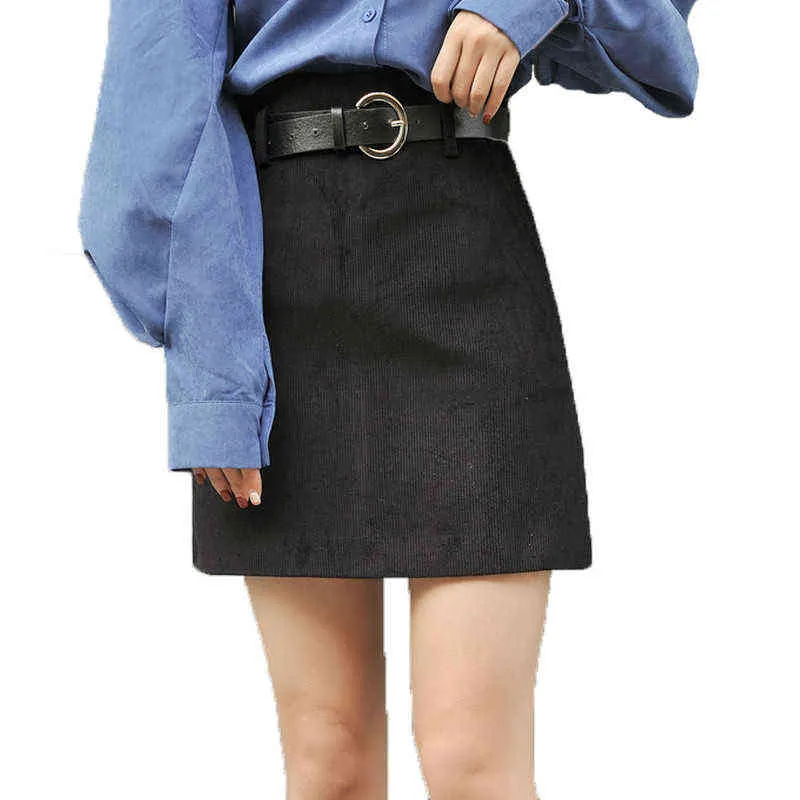 2019 Autumn Corduroy skirt belt high waist skirt Women solid A Line Skirts mini faldas largas mujer korean style women skirts G220309