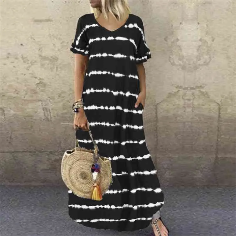 Casual White Striped Print Loose Summer Dress Women V Neck Ruffles Short Sleeve Pocket Big Swing Long Female Plus Size 5XL 210522