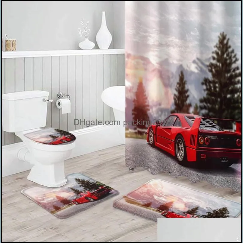 Red Sports Car Landscape Shower Curtain Set for Bathroom Bath Mat Rug Carpet for Toilet Lid Cover Bathtub Home Decor Gift