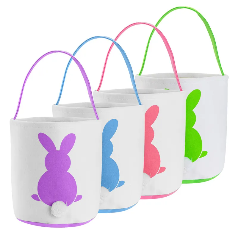 2022 Party Bunny Face Printed Bucket Easter Rabbit Basket Easters Egg Hunt Baskets With Handle Fluffy Plush Tail Tote Bag