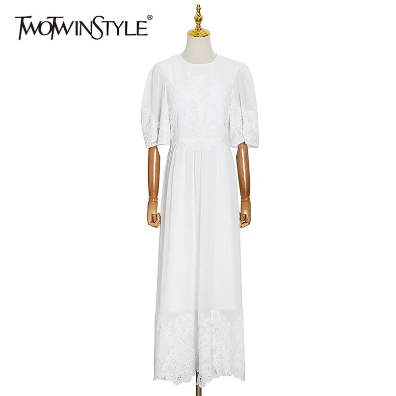 Elegant Patchwork Lace Dress For Women O Neck Short Sleeve High Waist Vintage Solid Dresses Female Spring 210520