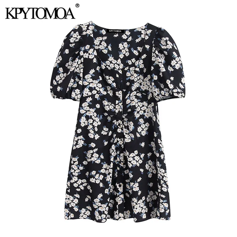 Kvinnor Chic Fashion Floral Print Plisserad Mini Dress Vintage V Neck Puff Sleeve Kvinna Klänningar Vestidos Mujer 210416