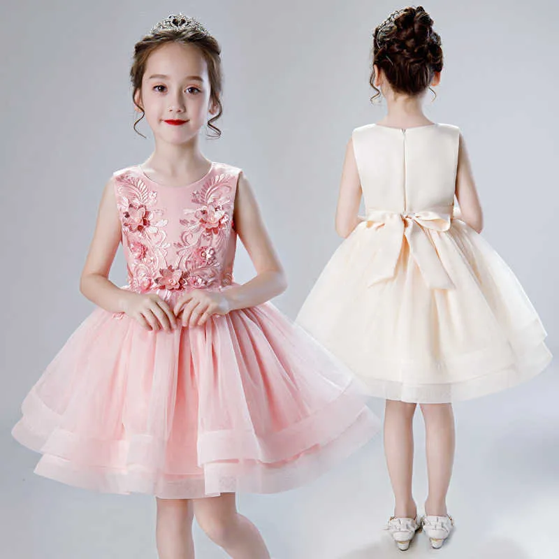 Kids Elegant Princess Costume for Wedding Girls Beautiful Flowers Embroidery Tutu Dress Vestido Elder Champagne 210529