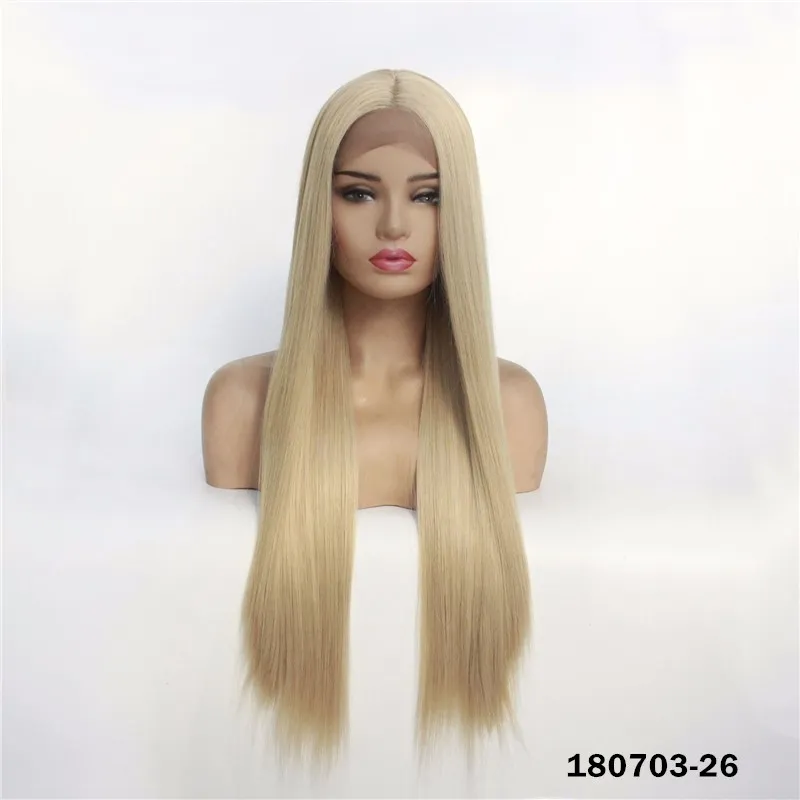 Блондинка синтетическая Lacefrontal Fright Симулятор человеческих волос кружева передние парики 12 ~ 26 дюймов длинные шелковистые прямые Perreques 180703-26