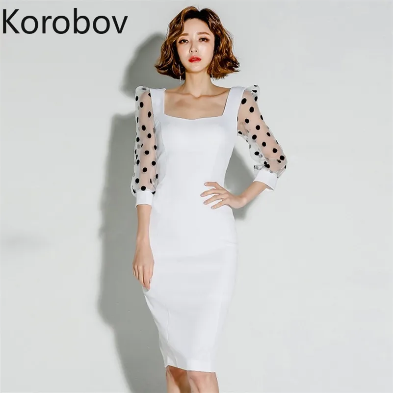 Korobov sommar ny arribal polka dot mesh patchwork kortärmad klänning koreanska eleganta slim stickade klänningar ol vestidos mujer 210430