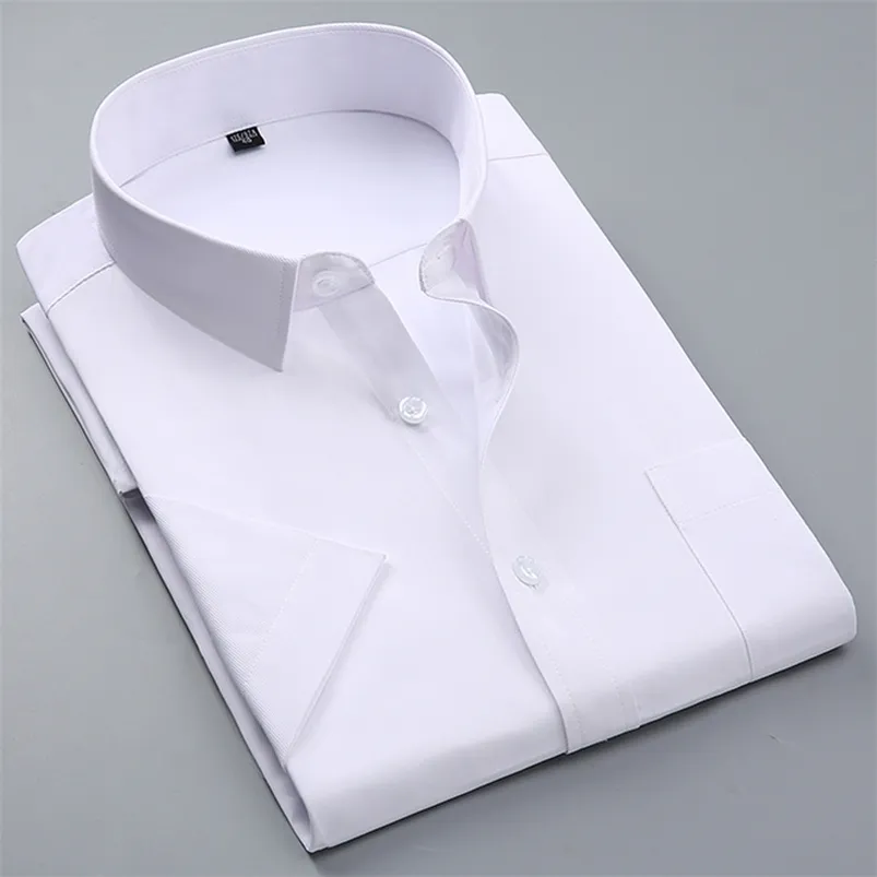 シングルチェストポケット標準フィットビジネスフォーマルソリッド/ツイル/プレーンシャツ付き夏の男性の半袖ホワイトベーシックドレスシャツ210714