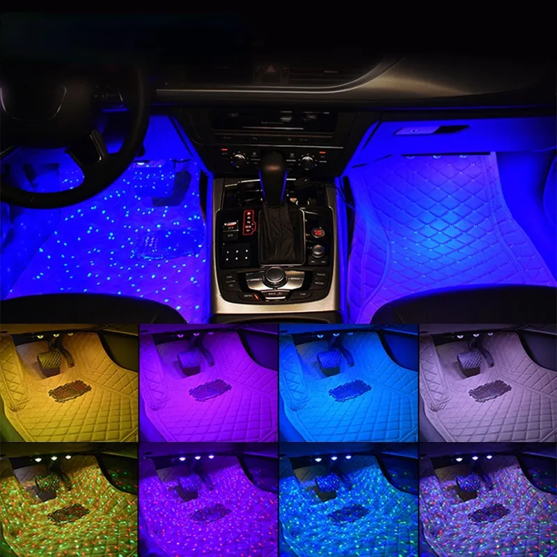 4 stks auto voet lamp omgevingslicht met USB draadloze afstandsbediening RGB muziekregeling Meerdere modi auto interieur decoratieve neonlichten