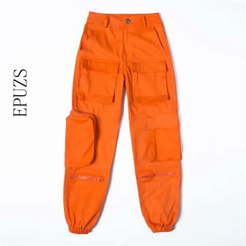 Mode Orange Cargo Broek Dames Joggers Hoge Taille Camouflage Streetwear Pocket Losse Capris Broek 210521