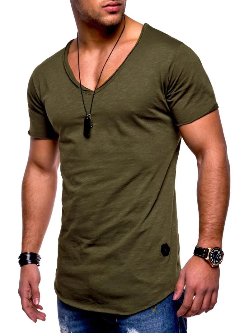 Men's Tank Tops T-shirt Explosion Models Large Size V-neck Stretch Solid Color Short Sleeve Youth Base Shirt Factory Direct V257L