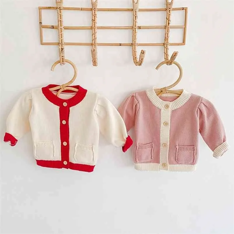 Vår Höst Baby Girls Coat Barnkläder Ficka Långärmad Knit Kids Cardigan 0-2 år 210521