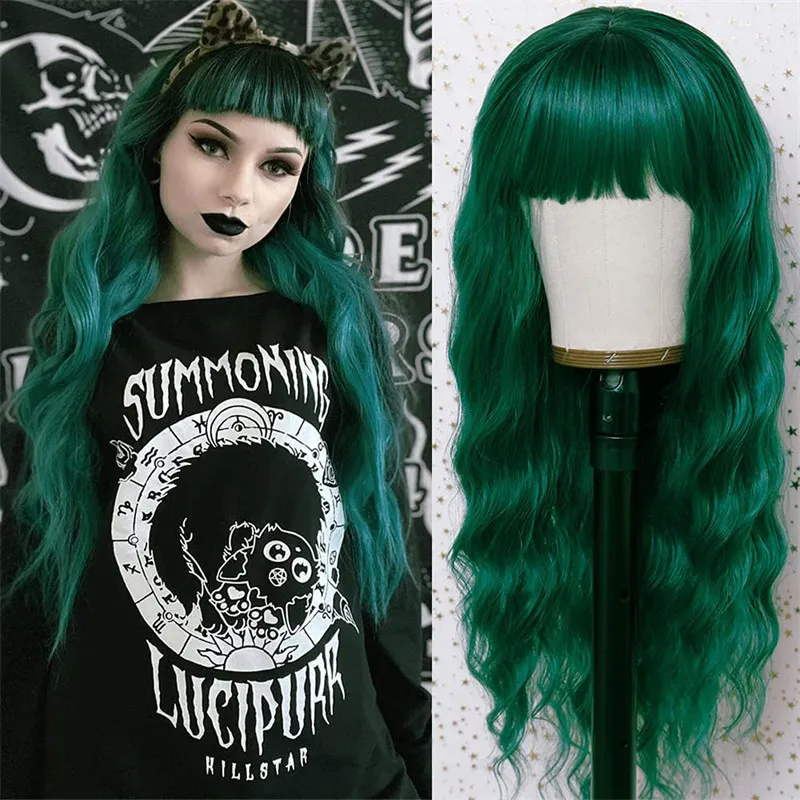 Zielona Peruka syntetyczna z grzywką Cosplay Perruques Symulacja Human Hair Opaska Peruki Wigs Pelucas 22 cale RXG9167