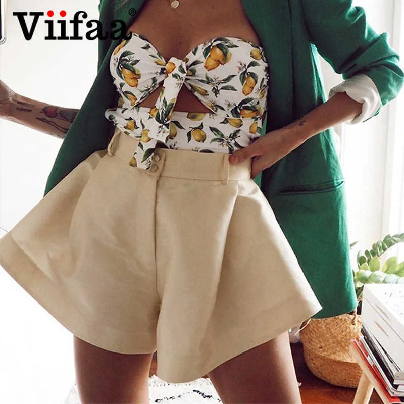 Viifaa abricot taille haute plissé jambe large évasé Shorts femmes mode été printemps dames Sexy Mini Shorts 210611