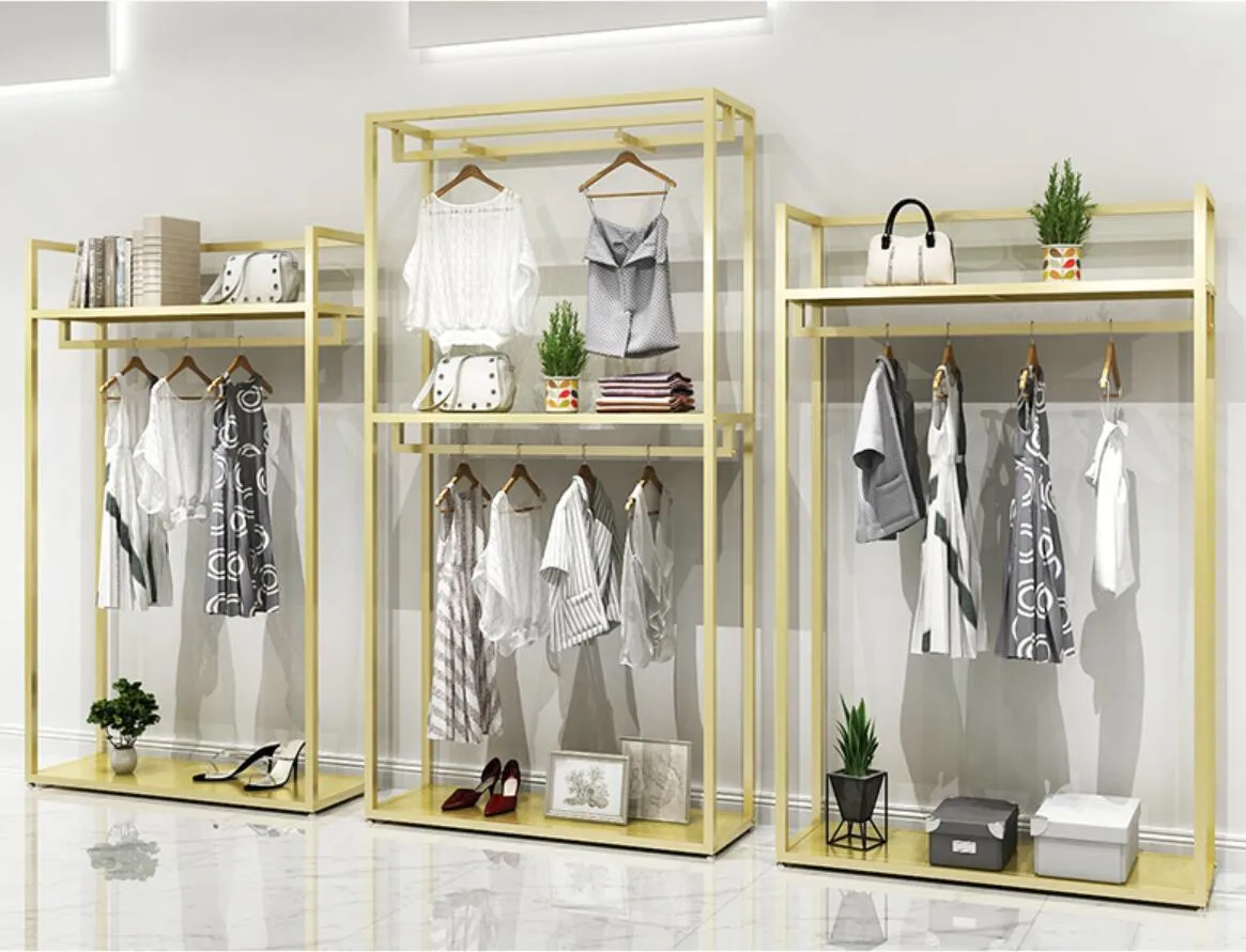 Gouden hanger heren- en dameskleding winkelplank Commercieel meubilair kledingrek vloertype planken gouden ha304G