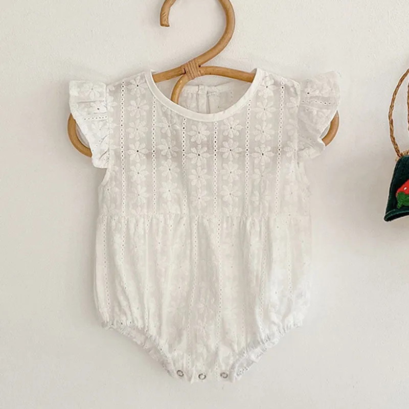 Sommar baby flicka ärmlös rompers barn spets född ren färg kläder 210429