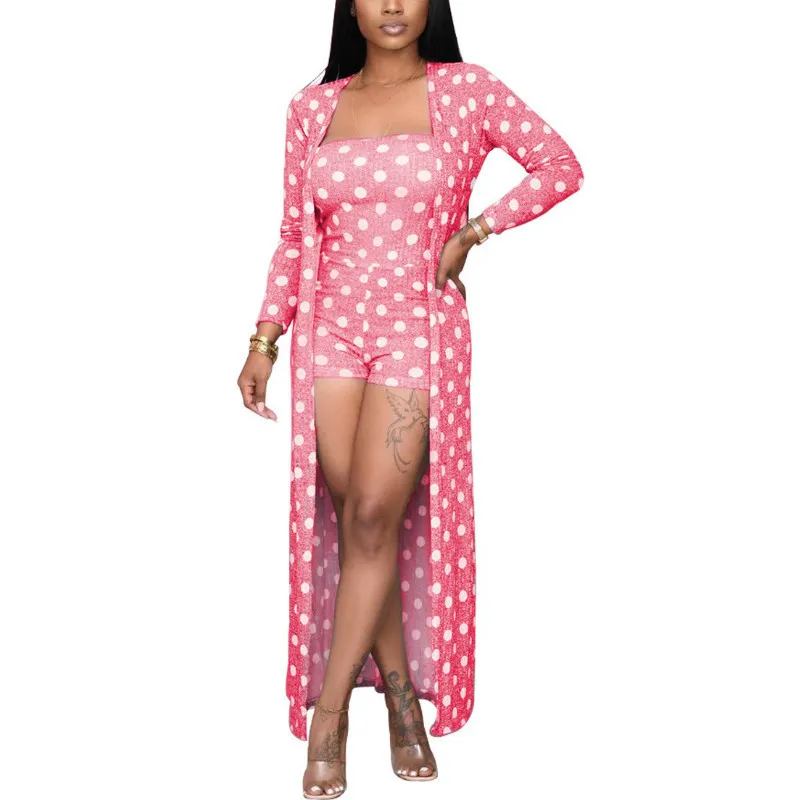 Women Sexy Polka Dot Strapless Short Jumpsuit with Long Sleeve Coat Solid Two Suits Street Casual Fashion Comfortable and Soft 210416