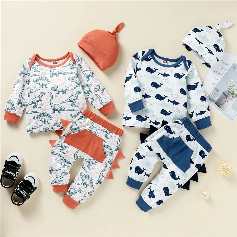 2021 0-18M Casua Infant Boy Clothes Set Whale / Dinosaur Print Lange Mouw T-shirt + Broek met Zakken + Hoed Lente Herfst 3 stks