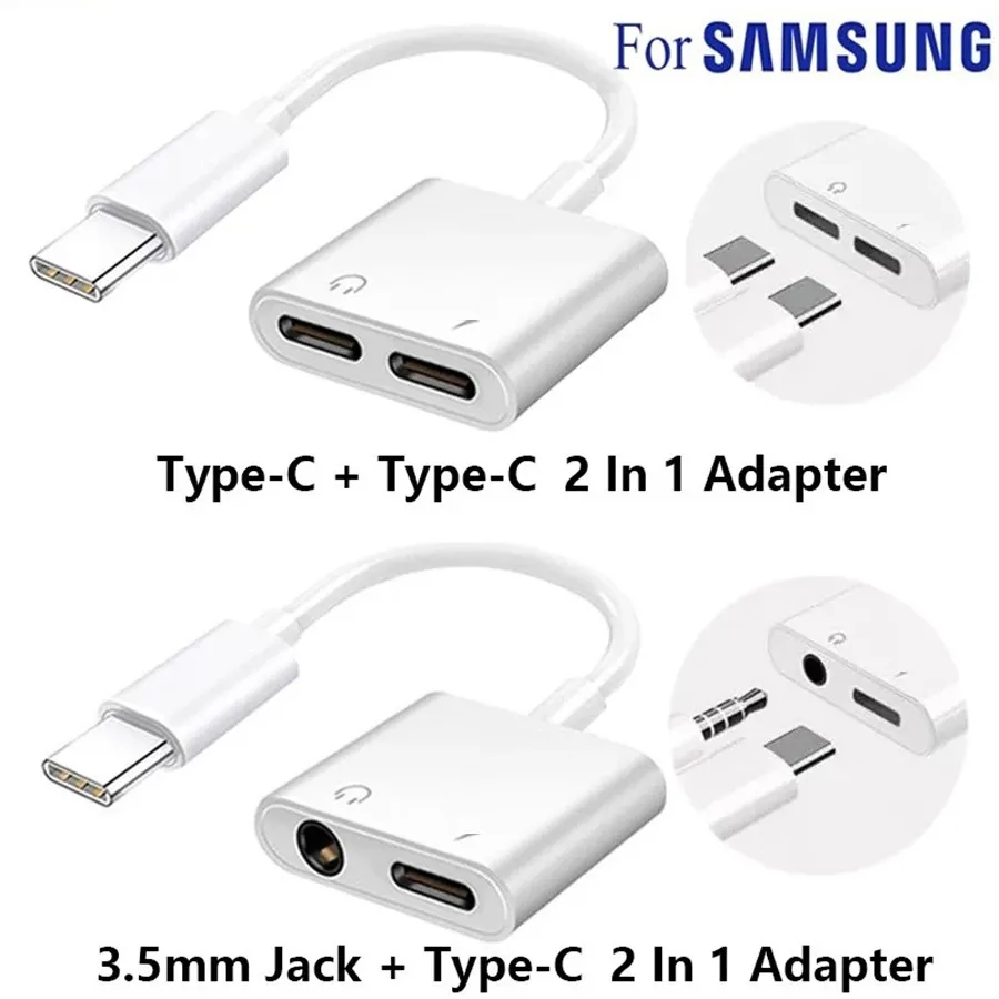 2 i 1 Dual typ C Jack hörlursadapterkabel för Samsung S20 S10 Huawei USB-typ-C till 3,5 mm AUX Audio Headphones Splitter Laddningsomvandlare