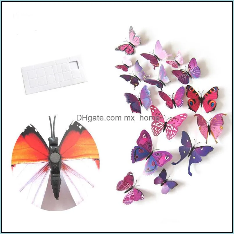 12PCS/LOT Decor 3D Butterfly Wall Sticker Magnet Fridge Cartoon Stickers Butterflies Pin PVC Removable Party Home Cloth Decors C1067