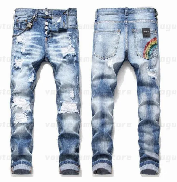 Mens Cool Rips Stretch Designer Jeans Distressed Ripped Biker Slim Fit Washed Motorcycle Denim Men s Hip Hop Fashion Man Pants 2021I55S