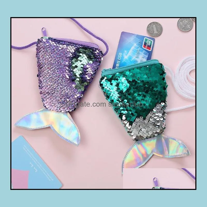 6Styles Mermaid Sequins Coin Purse With Lanyard mermaid Fish Shape Tail Coin Pouch Bag Portable Glittler Wallet Girl storage bag