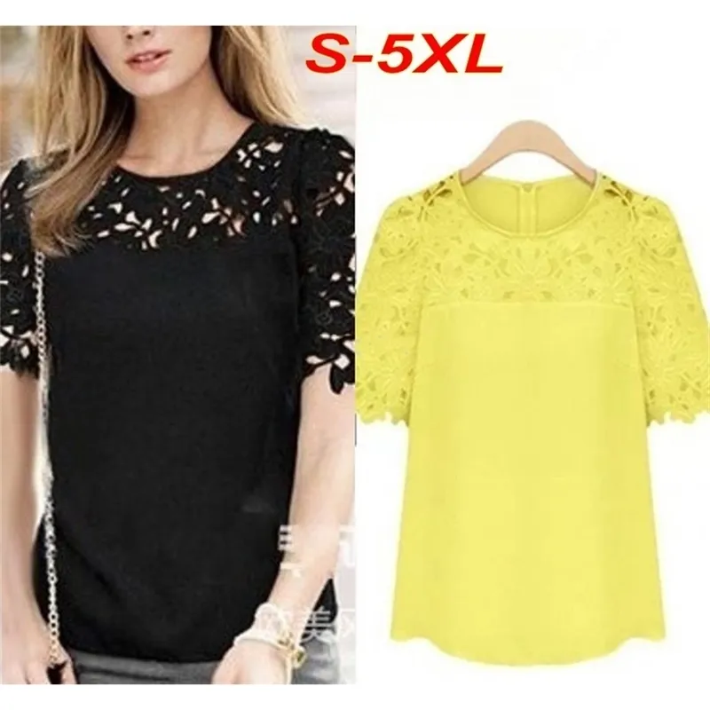 S-5XL grande taille Blusa Renda dentelle Corchet en mousseline de soie femmes Blouse chemise à manches courtes décontracté hauts blusas femininas T5588 210421