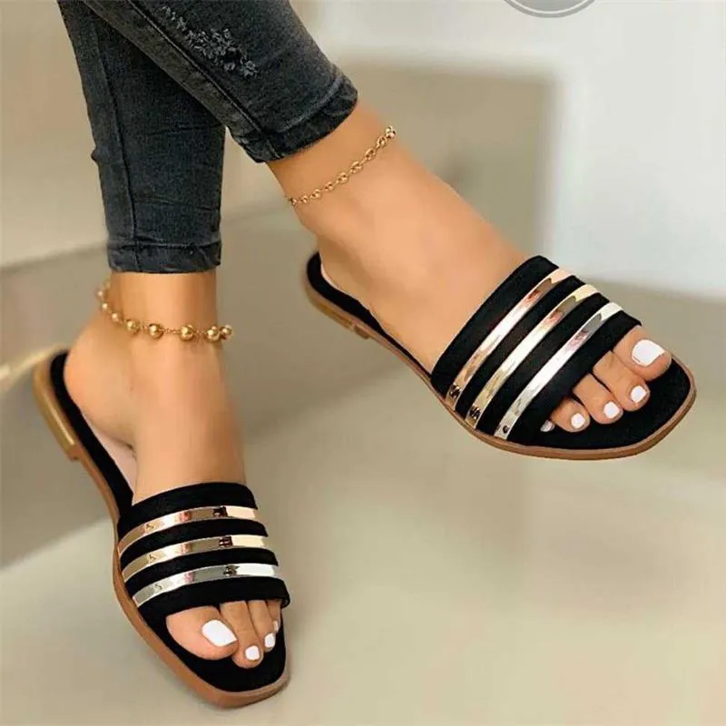 women slides sandals Slipper Summer stripe Flat Sandal Band Slippers Open Toe Slide Ladies Fashion Beach Non-slip Shoes Big Size EU35-42 GR004