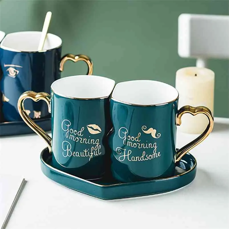Modern Ceramic Couple Mugs And Heart Love Shaped Saucer Gift For