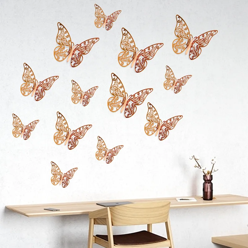 12pcs/lot 3d Hollow Butterfly Wall Stickers装飾蝶のデカールDIYホームリムーバブル壁画装飾パーティーウェディングキッズルームウィンドウ