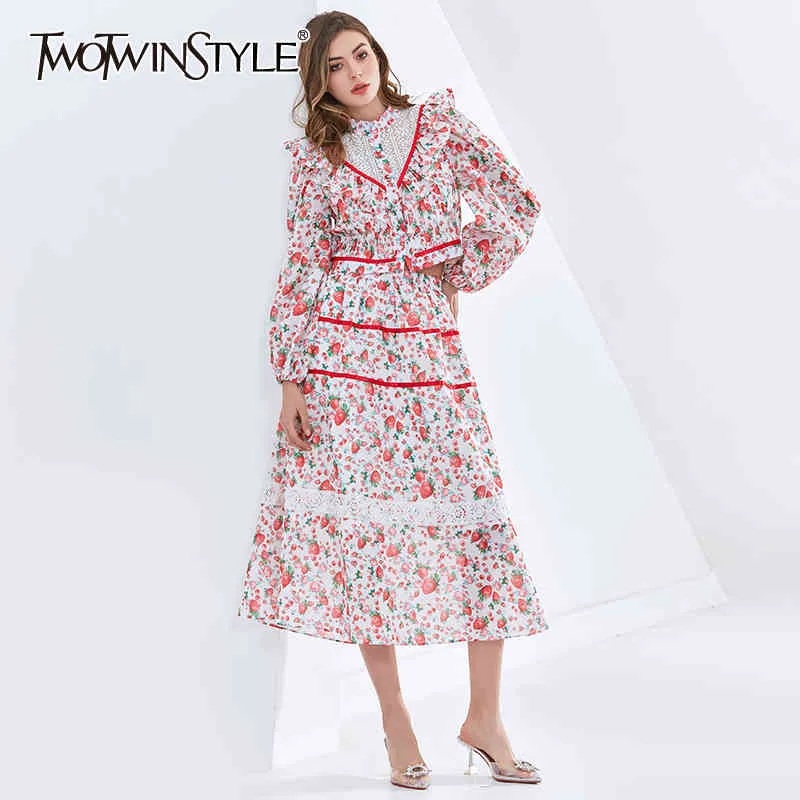 TWOTWINSTYLE Hit Color Print Sets For Women Stand Collar Long Sleeve High Waist Patchwork Lace Elegant Set Female Fashion 210517