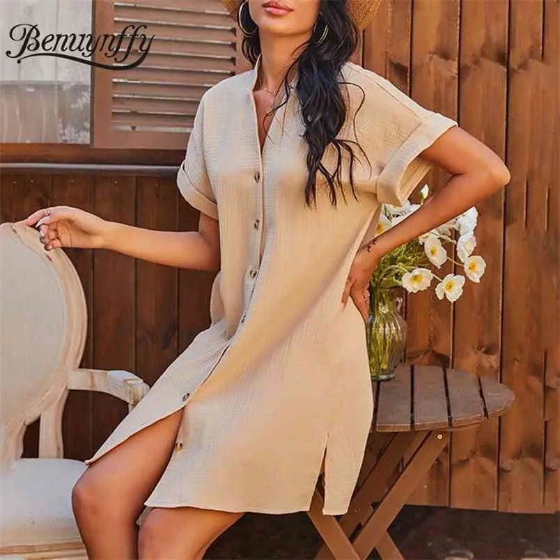 Notched Neck Loose Casual Shirt Dress Women Fashion Button Up Solid Mini Es Lato Kobieta Krótki Rękaw 210510