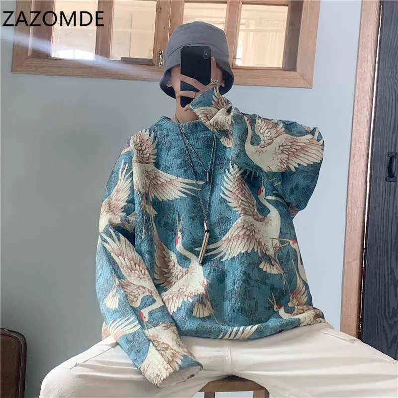 ZAZOMDE Winter Men Warm Blue/black/white Coats Cashmere Printing Knitting Woolen Sweaters High-quality Loose Casual Pullover 211221