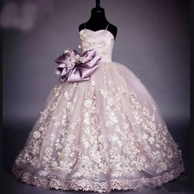 Beauty Pageant Gowns For Girls Flower Girl Dresses Ball Gown 3D Lace Appliques Communion Dresses Robe with Big Bow