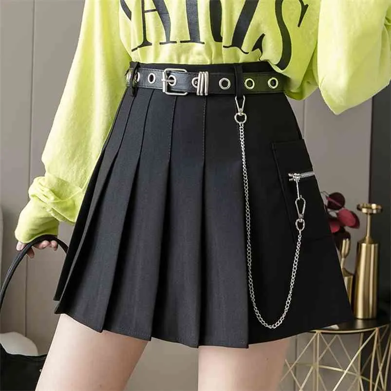 Black Mini Skirt Women Punk Gothic High Waist Goth Harajuku Skirts Cute School Girl Preppy Style Pleated Skirt With Belt 210730