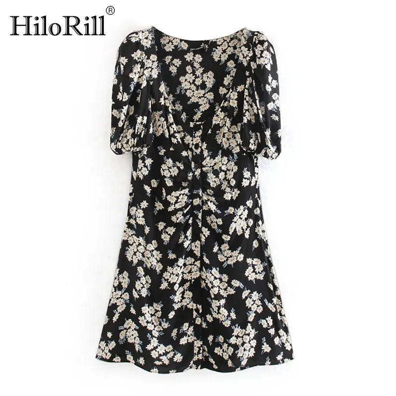 Women Summer Floral Print Boho Mini Dresses Short Sleeve Beach Female Square Collar Casual Buttons 210508