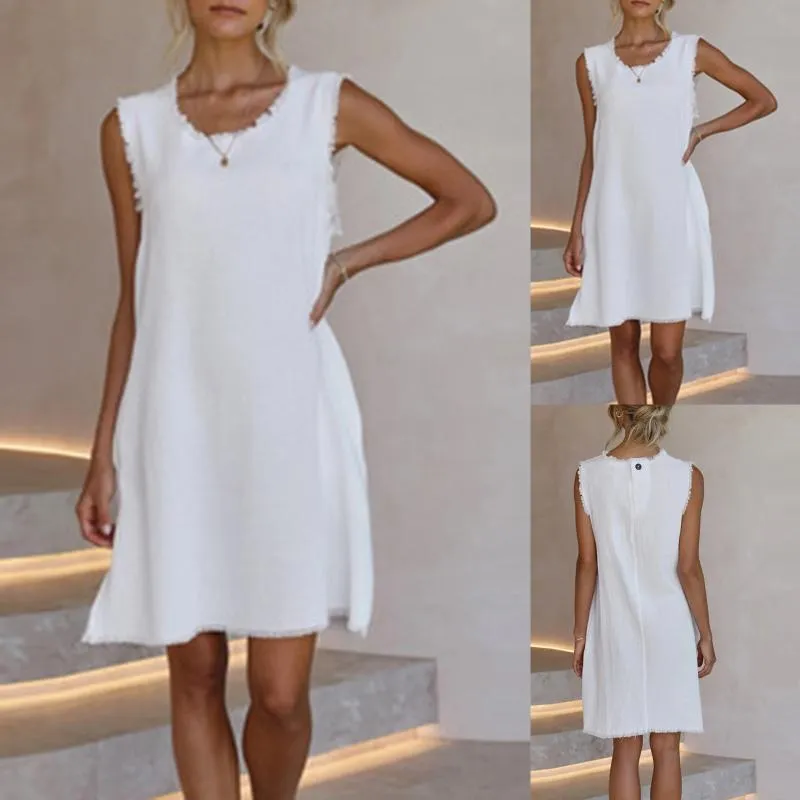 Robes décontractées Summer White Robe O-Cou Sexy Mode Sans manches Lâche Plus Taille Femmes Vêtements Robes