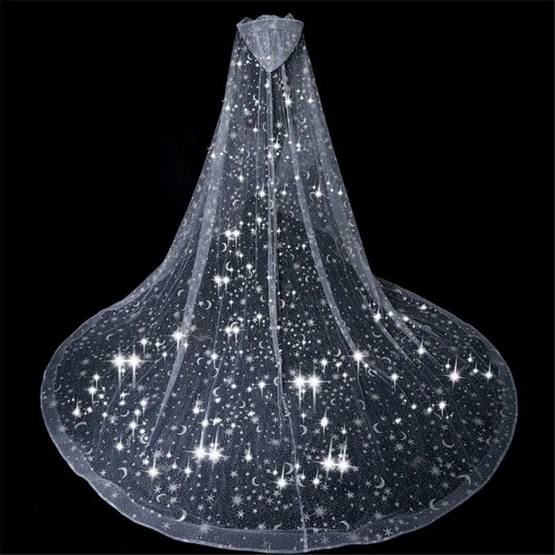 Voiles de mariée Bling Veil Mariage Cape Blanc Sparkly Glittering Stars Lune Longue Cathédrale Paillettes Châle À Capuchon Pour Mariée Cape