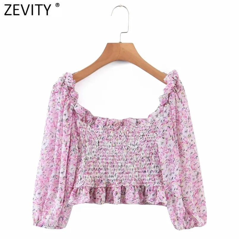 Kadın Tatlı Pembe Çiçek Baskı Şifon Kısa Bluz Kadın Şık Kapalı Omuz Elastik Plise Ruffles Gömlek Tüp Tops LS9179 210420