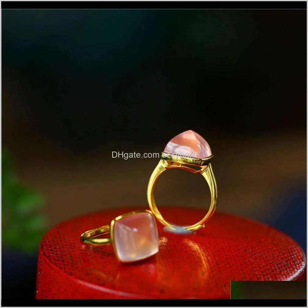 korean pink crystal square amethyst hibiscus stone ring, 18k rose gold plated for women, simple and versatile