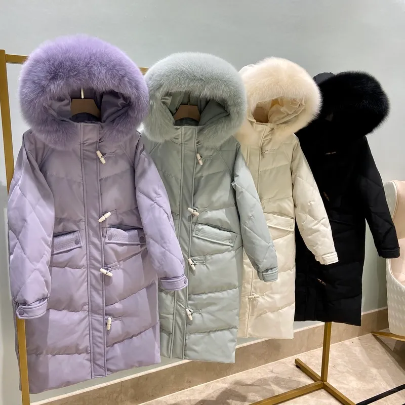 Winter Women 90% White Duck Down Coat Large Real Fox Fur Hooded Long Parkas Jacket Loose Ox Horn Buckle Snow Outwear 210423